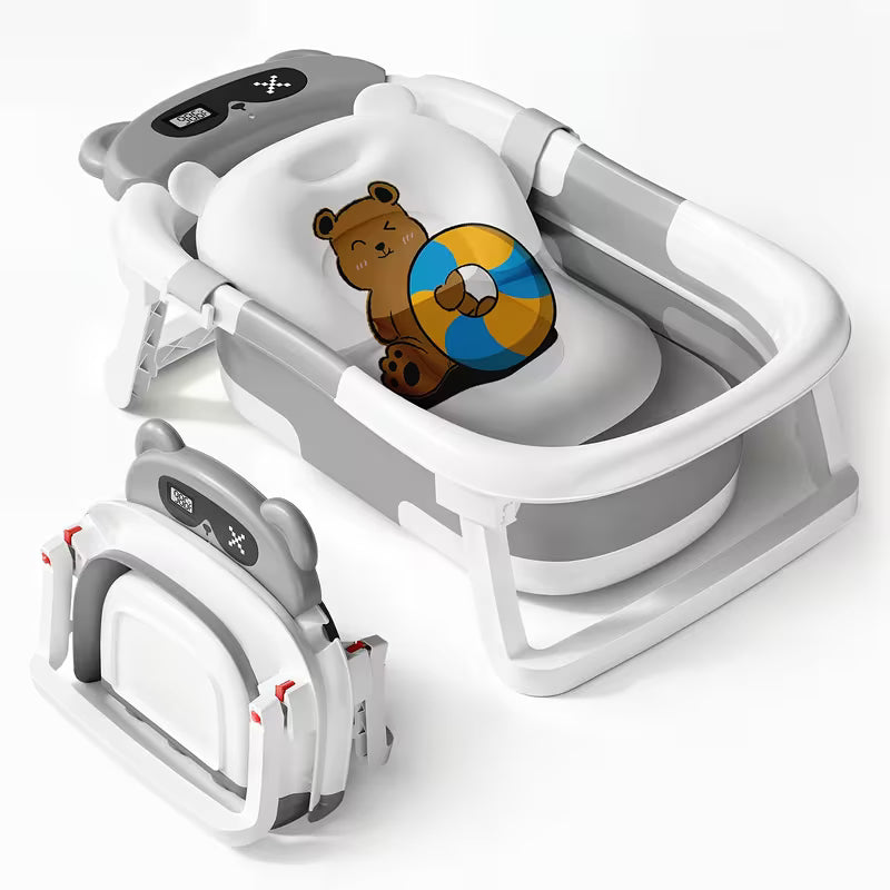 3-Fold Collapsible Baby Bathtub with Temperature Sensor – Sit & Lie Newborn Bath Tub, Portable Foldable Infant Shower Tub for Home & Travel