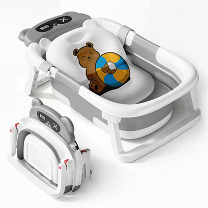 3-Fold Collapsible Baby Bathtub with Temperature Sensor – Sit & Lie Newborn Bath Tub, Portable Foldable Infant Shower Tub for Home & Travel