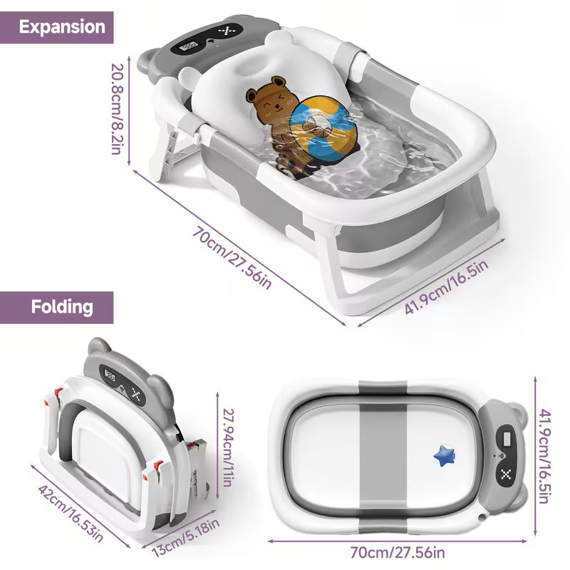 3-Fold Collapsible Baby Bathtub with Temperature Sensor – Sit & Lie Newborn Bath Tub, Portable Foldable Infant Shower Tub for Home & Travel