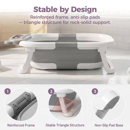 3-Fold Collapsible Baby Bathtub with Temperature Sensor – Sit & Lie Newborn Bath Tub, Portable Foldable Infant Shower Tub for Home & Travel