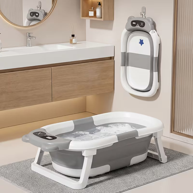 3-Fold Collapsible Baby Bathtub with Temperature Sensor – Sit & Lie Newborn Bath Tub, Portable Foldable Infant Shower Tub for Home & Travel