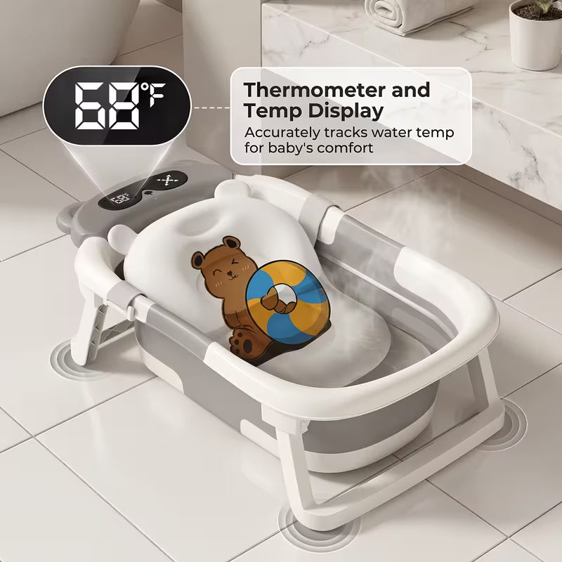 3-Fold Collapsible Baby Bathtub with Temperature Sensor – Sit & Lie Newborn Bath Tub, Portable Foldable Infant Shower Tub for Home & Travel