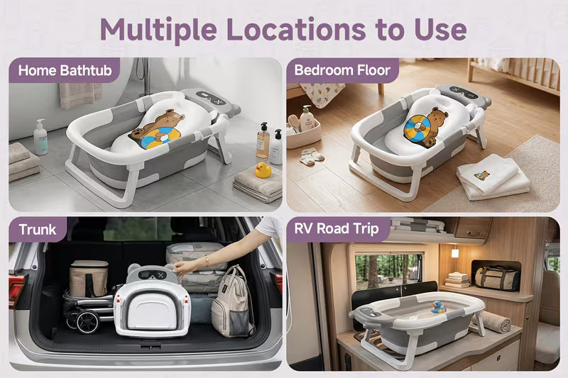 3-Fold Collapsible Baby Bathtub with Temperature Sensor – Sit & Lie Newborn Bath Tub, Portable Foldable Infant Shower Tub for Home & Travel